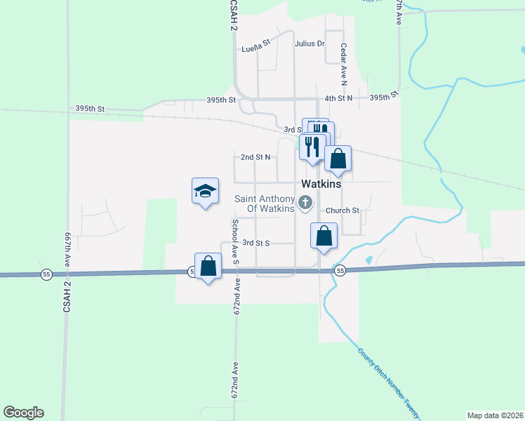 map of restaurants, bars, coffee shops, grocery stores, and more near 510 2nd Street South in Watkins