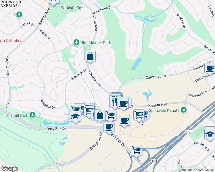 map of restaurants, bars, coffee shops, grocery stores, and more near Coulson Court in Ottawa