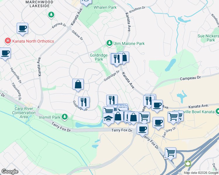 map of restaurants, bars, coffee shops, grocery stores, and more near 36 Hemlo Crescent in Ottawa