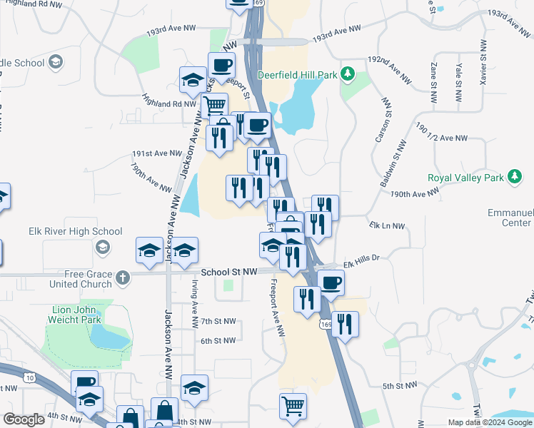 map of restaurants, bars, coffee shops, grocery stores, and more near 18385 Freeport Street in Elk River