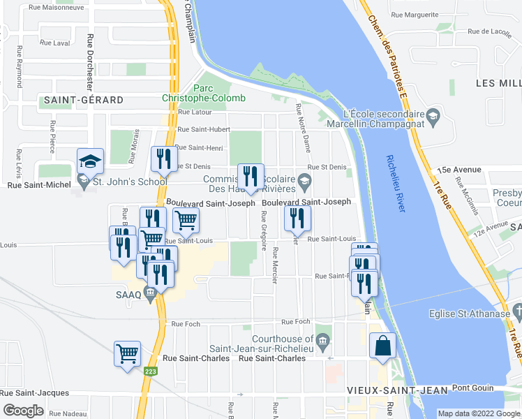 map of restaurants, bars, coffee shops, grocery stores, and more near 116 Rue Grégoire in Saint-Jean-sur-Richelieu