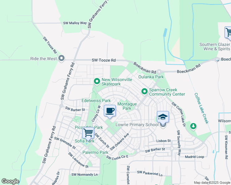 map of restaurants, bars, coffee shops, grocery stores, and more near 29038 Costa Circle West in Wilsonville