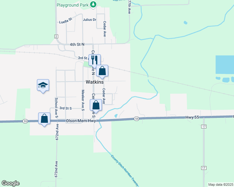 map of restaurants, bars, coffee shops, grocery stores, and more near 131 Church Street in Watkins
