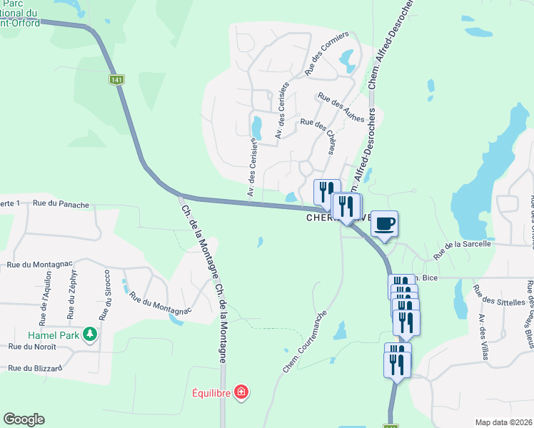 map of restaurants, bars, coffee shops, grocery stores, and more near 2620 Chemin du Parc in Orford