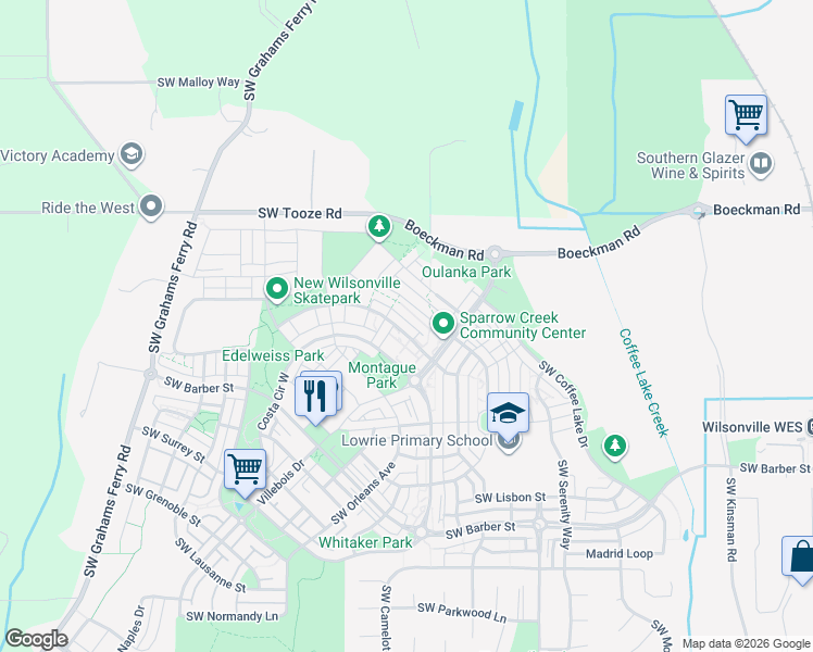 map of restaurants, bars, coffee shops, grocery stores, and more near 11151 Southwest Berlin Avenue in Wilsonville