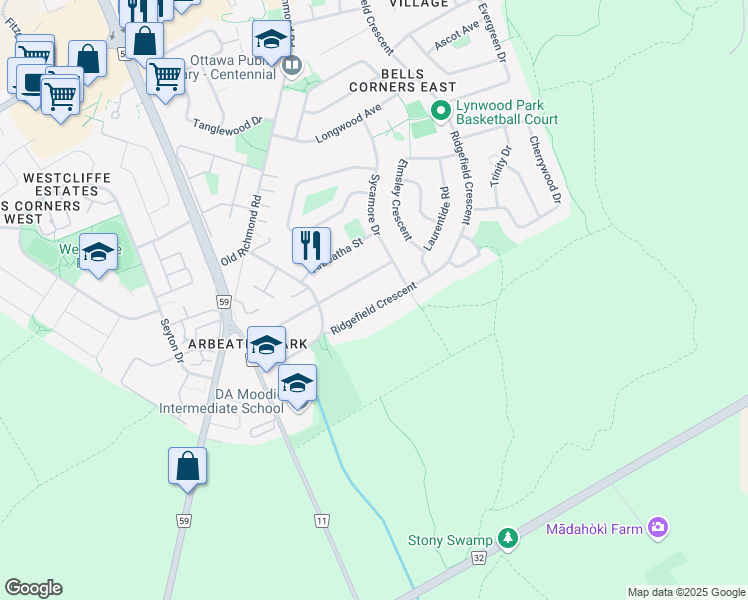 map of restaurants, bars, coffee shops, grocery stores, and more near 113 Ridgefield Crescent in Ottawa