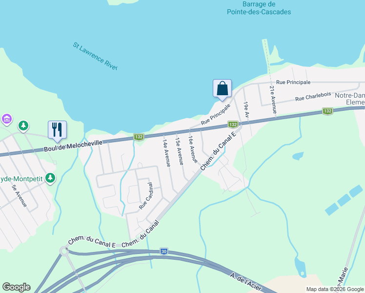 map of restaurants, bars, coffee shops, grocery stores, and more near 23 15eme Avenue in Beauharnois