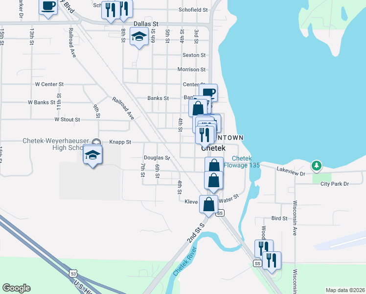 map of restaurants, bars, coffee shops, grocery stores, and more near 419 3rd Street in Chetek
