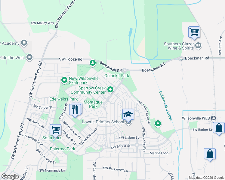 map of restaurants, bars, coffee shops, grocery stores, and more near 28552 Southwest Villebois Drive North in Wilsonville