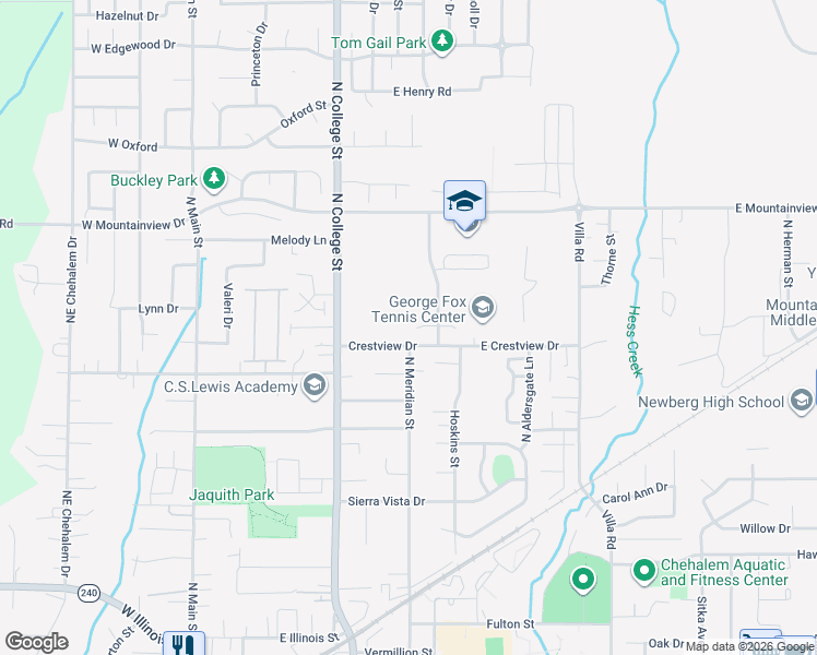 map of restaurants, bars, coffee shops, grocery stores, and more near 900 Crestview Drive in Newberg