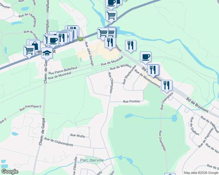 map of restaurants, bars, coffee shops, grocery stores, and more near 11 Rue Champlain in Bromont