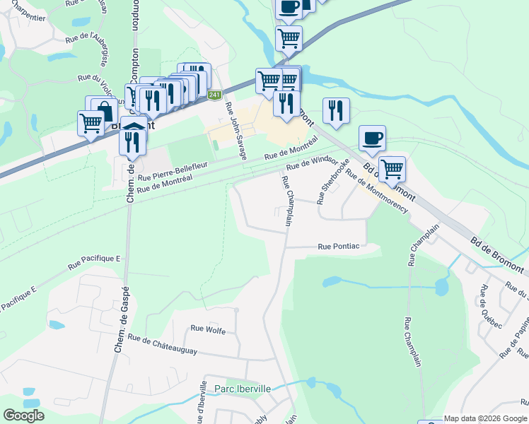map of restaurants, bars, coffee shops, grocery stores, and more near 117 Rue de Laviolette in Bromont