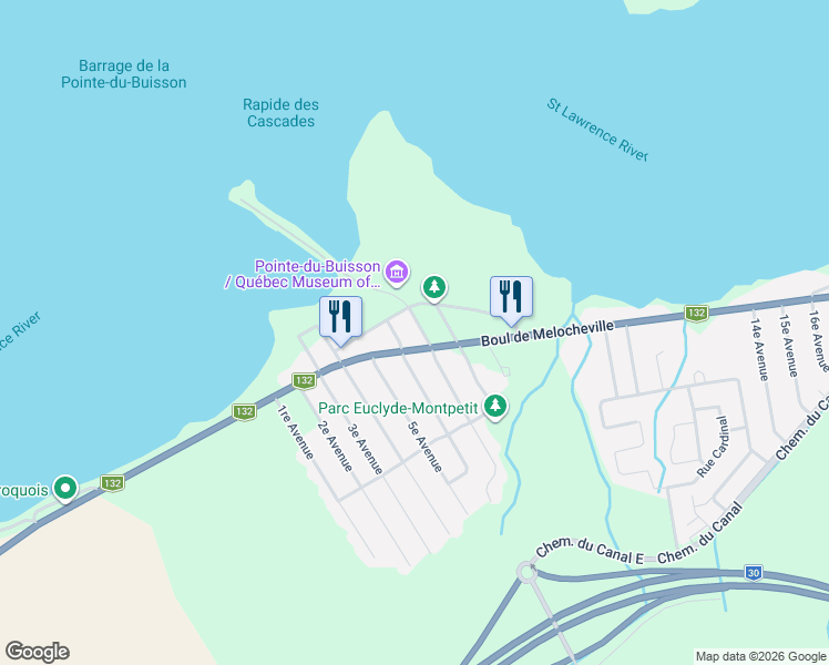map of restaurants, bars, coffee shops, grocery stores, and more near 10 8e Avenue in Beauharnois