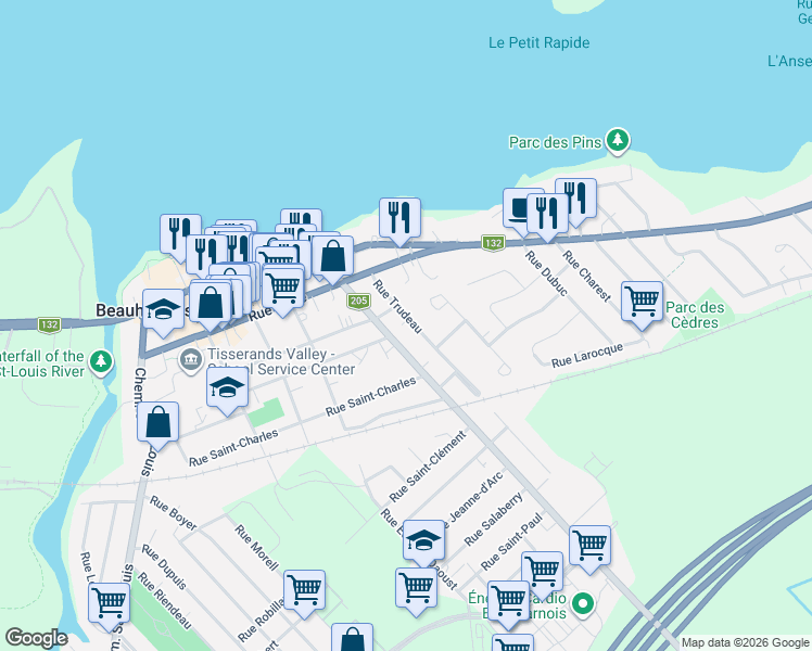 map of restaurants, bars, coffee shops, grocery stores, and more near 31 Rue Trudeau in Beauharnois