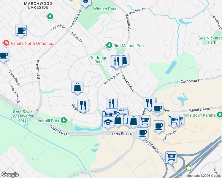 map of restaurants, bars, coffee shops, grocery stores, and more near 16 Hemlo Crescent in Ottawa
