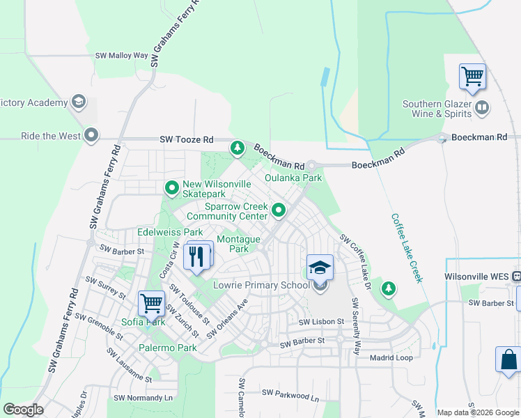 map of restaurants, bars, coffee shops, grocery stores, and more near 11050 Southwest Stockholm Drive in Wilsonville