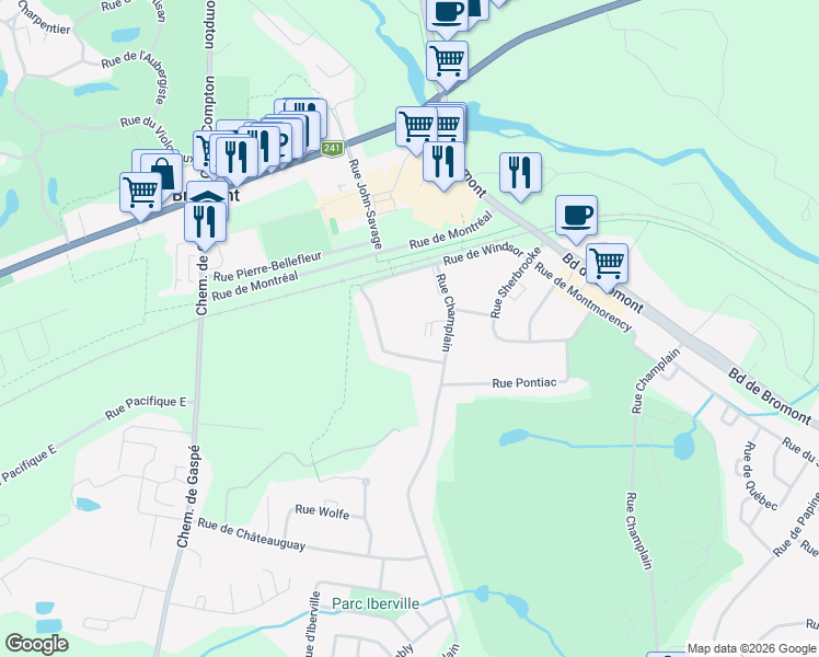 map of restaurants, bars, coffee shops, grocery stores, and more near 117 Rue de Laviolette in Bromont