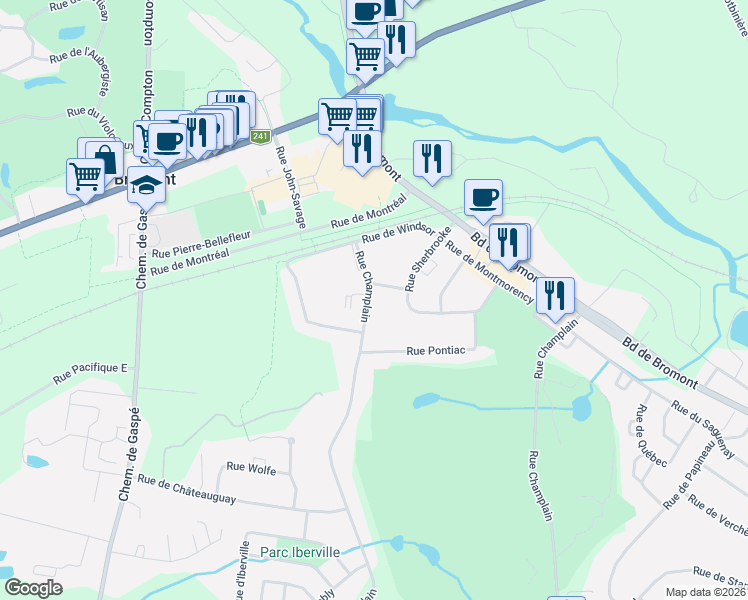 map of restaurants, bars, coffee shops, grocery stores, and more near 2 Rue Champlain in Bromont