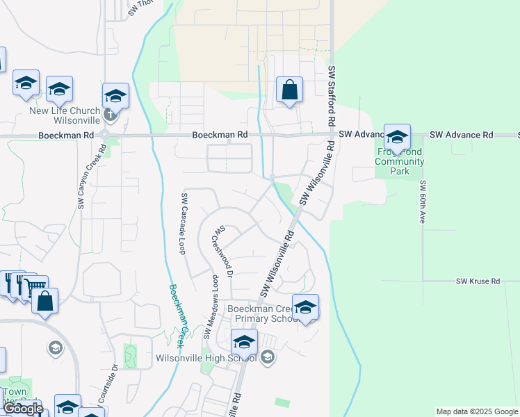 map of restaurants, bars, coffee shops, grocery stores, and more near 28395 Southwest Willow Creek Drive in Wilsonville