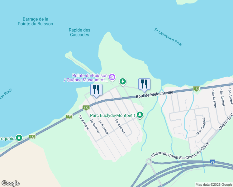 map of restaurants, bars, coffee shops, grocery stores, and more near 10 8e Avenue in Beauharnois