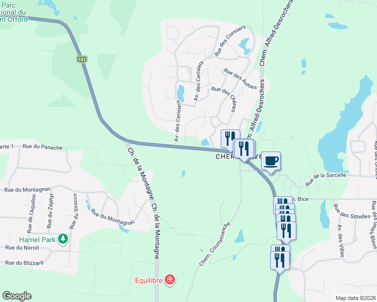 map of restaurants, bars, coffee shops, grocery stores, and more near 2620 Chemin du Parc in Orford