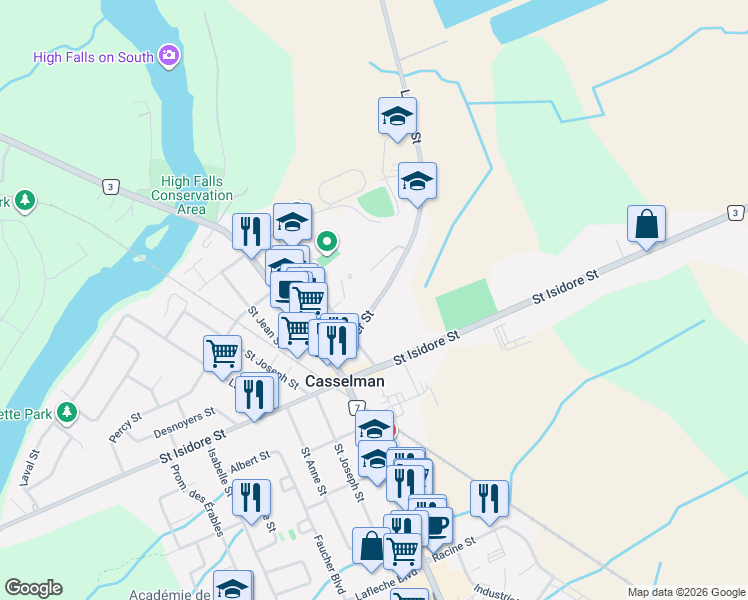 map of restaurants, bars, coffee shops, grocery stores, and more near 91 Laurier Street in Casselman