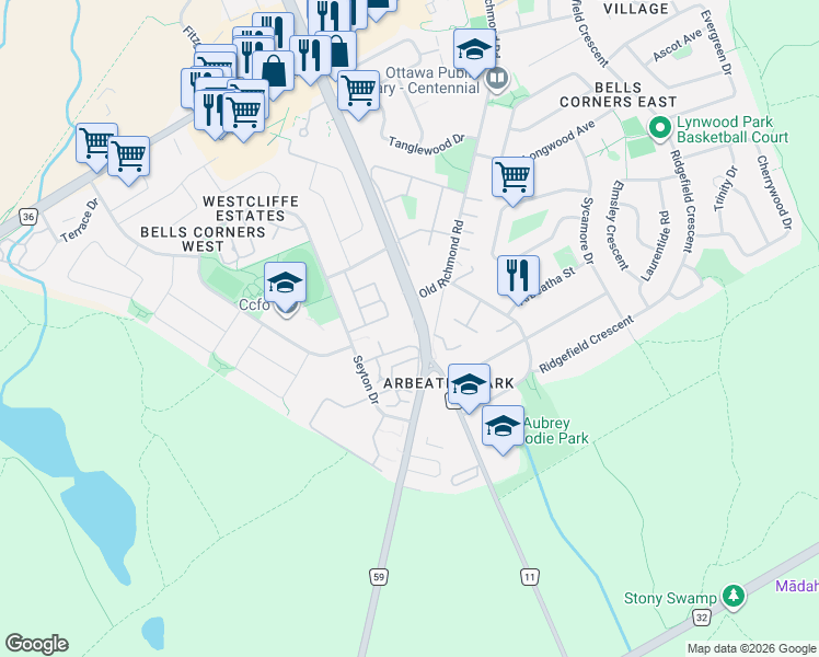 map of restaurants, bars, coffee shops, grocery stores, and more near 10 Sonnet Crescent in Ottawa