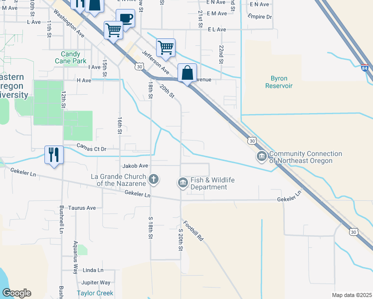 map of restaurants, bars, coffee shops, grocery stores, and more near 307 20th Street in La Grande