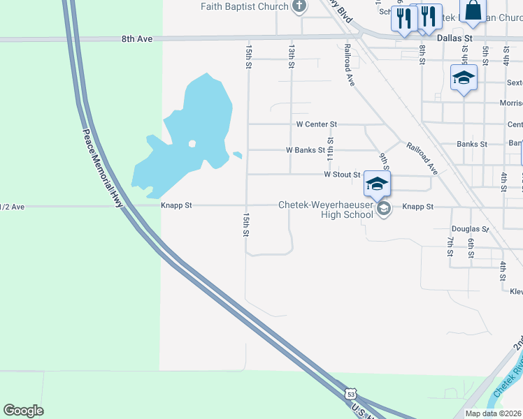 map of restaurants, bars, coffee shops, grocery stores, and more near 1358 Knapp Street in Chetek