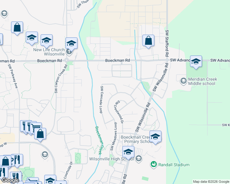 map of restaurants, bars, coffee shops, grocery stores, and more near 28512 Southwest Cascade Loop in Wilsonville