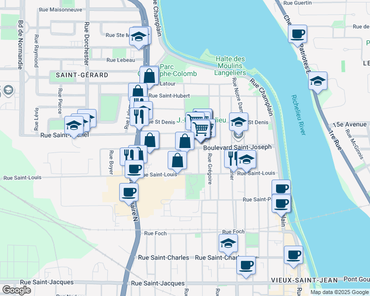 map of restaurants, bars, coffee shops, grocery stores, and more near Rue Labrèche in Saint-Jean-sur-Richelieu