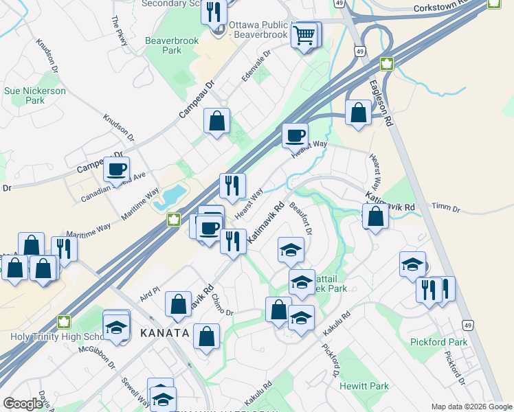 map of restaurants, bars, coffee shops, grocery stores, and more near 32 Roberge Crescent in Ottawa