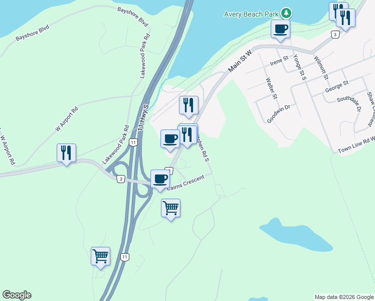 map of restaurants, bars, coffee shops, grocery stores, and more near 225 Main Street West in Huntsville