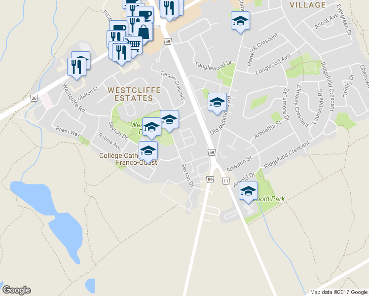 map of restaurants, bars, coffee shops, grocery stores, and more near 320 Wiffen Private in Ottawa