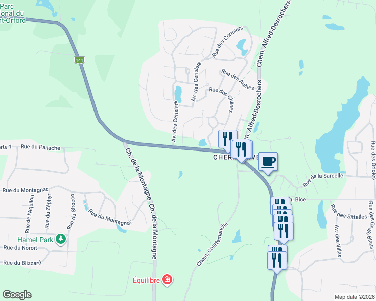 map of restaurants, bars, coffee shops, grocery stores, and more near 2620 Chemin du Parc in Orford