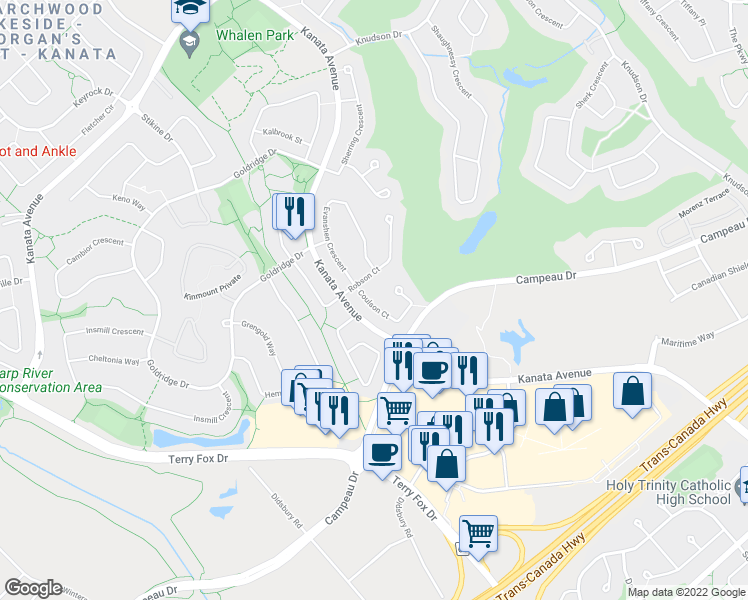 map of restaurants, bars, coffee shops, grocery stores, and more near 12 Coulson Court in Ottawa