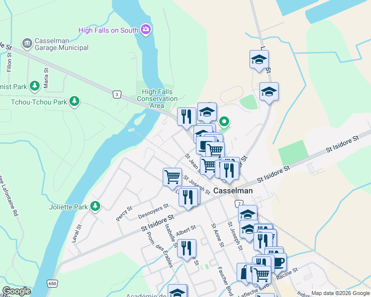 map of restaurants, bars, coffee shops, grocery stores, and more near 770 Saint Jean Street in Casselman