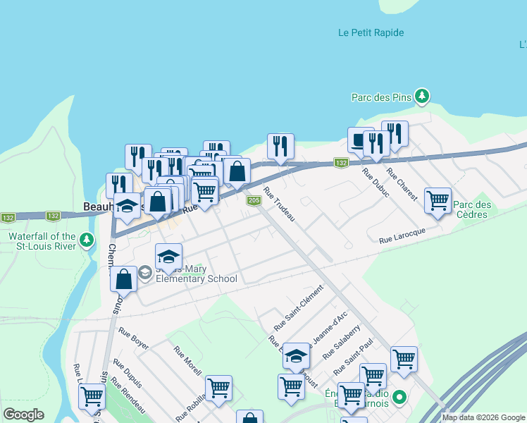map of restaurants, bars, coffee shops, grocery stores, and more near Rue Hannah in Beauharnois