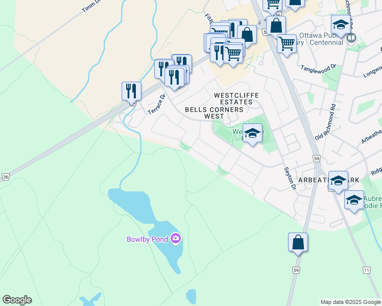 map of restaurants, bars, coffee shops, grocery stores, and more near 36 Florizel Avenue in Ottawa