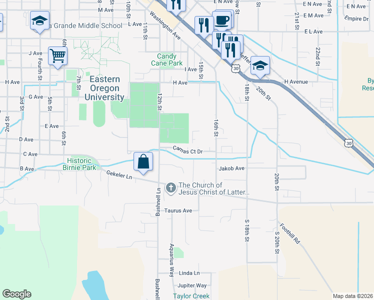 map of restaurants, bars, coffee shops, grocery stores, and more near 313 12th Street in La Grande
