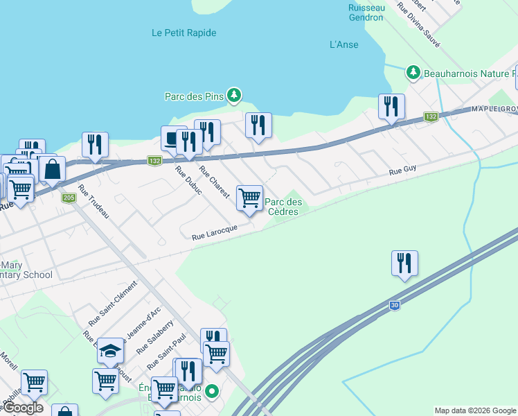 map of restaurants, bars, coffee shops, grocery stores, and more near 540 Rue des Érables in Beauharnois