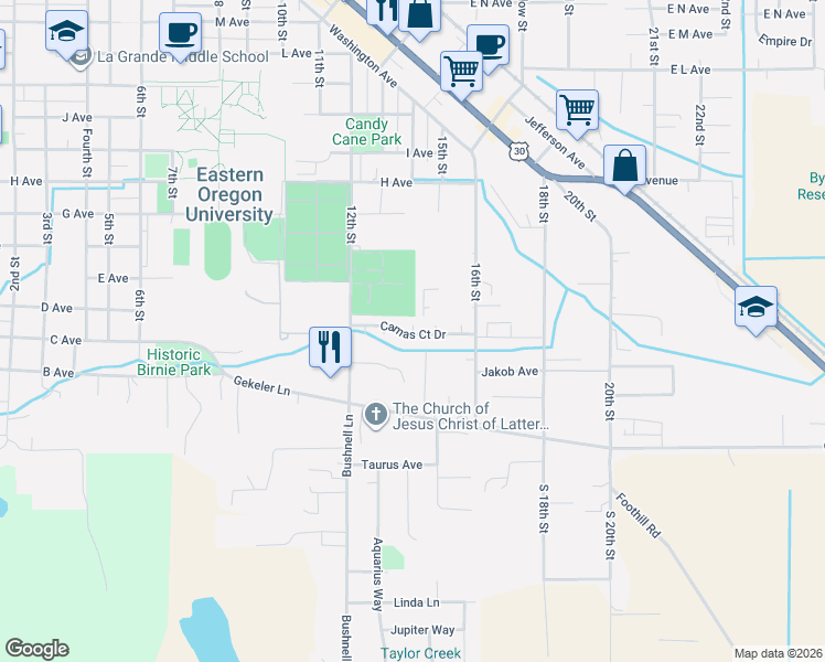 map of restaurants, bars, coffee shops, grocery stores, and more near 313 12th Street in La Grande