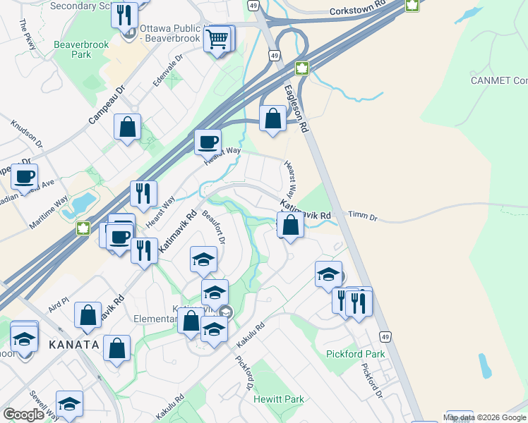 map of restaurants, bars, coffee shops, grocery stores, and more near 17 Peary Way in Ottawa