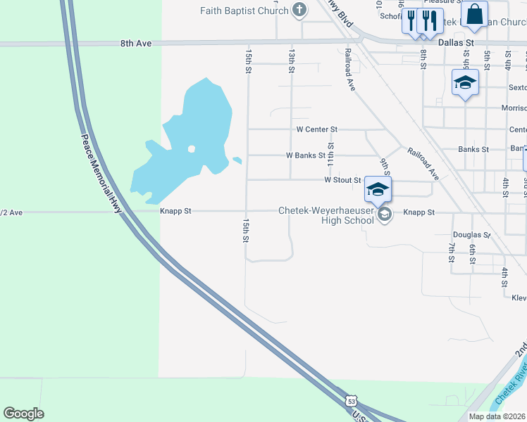 map of restaurants, bars, coffee shops, grocery stores, and more near 1318 Knapp Street in Chetek