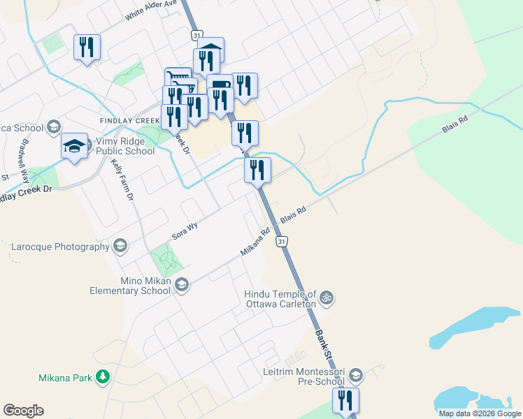 map of restaurants, bars, coffee shops, grocery stores, and more near 536 Labrador Crescent in Ottawa