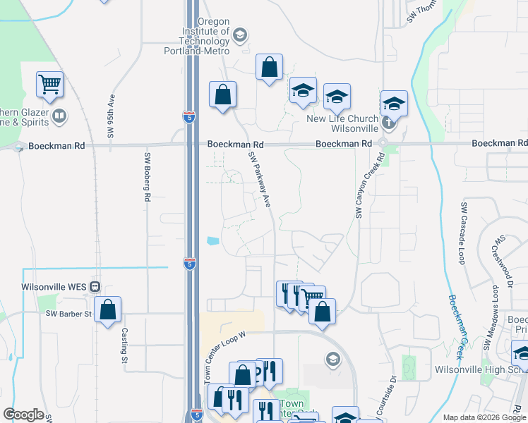 map of restaurants, bars, coffee shops, grocery stores, and more near 8690 Southwest Vale Court in Wilsonville