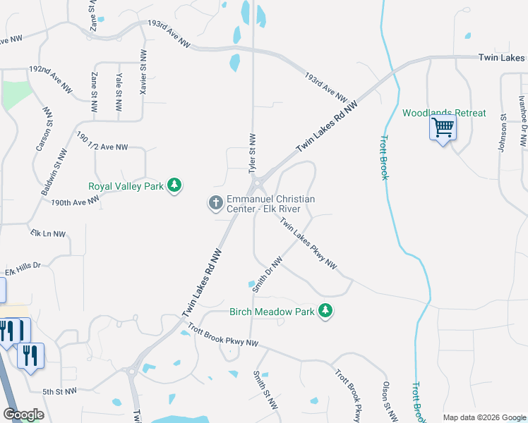 map of restaurants, bars, coffee shops, grocery stores, and more near 18944 Tyler Street Northwest in Elk River