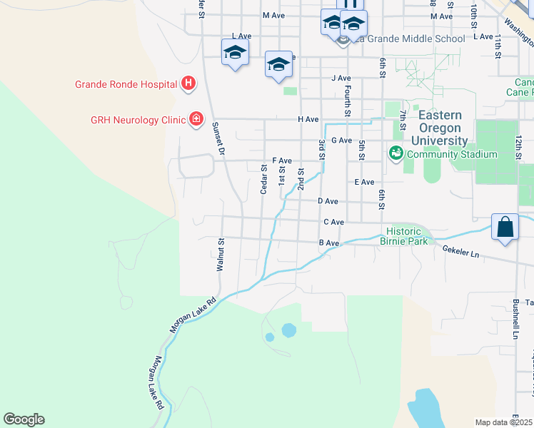 map of restaurants, bars, coffee shops, grocery stores, and more near 308 1st Street in La Grande