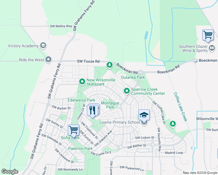 map of restaurants, bars, coffee shops, grocery stores, and more near 28201 Southwest 110th Avenue in Wilsonville