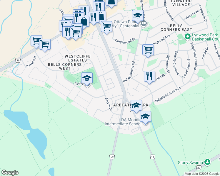 map of restaurants, bars, coffee shops, grocery stores, and more near 341 Wiffen Private in Ottawa